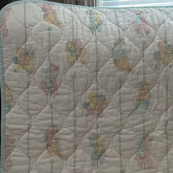 Vintage Teddy Beddy Bear Quilted Baby Blanket Pastel Pink  Vintage 80s Morgan Inc Teddy Beddy Bear Carousel Quilted Baby Blanket‎ Quilt